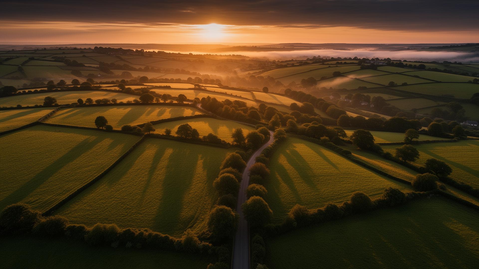 Golden hour aerial over rolling British countryside